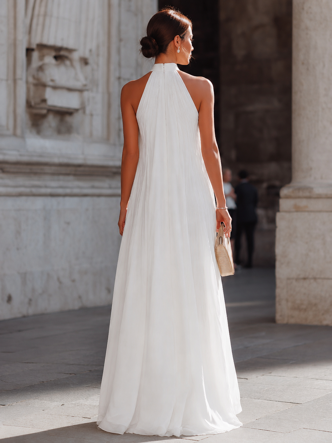 Pleated Halter Neck Flowing Maxi Dress