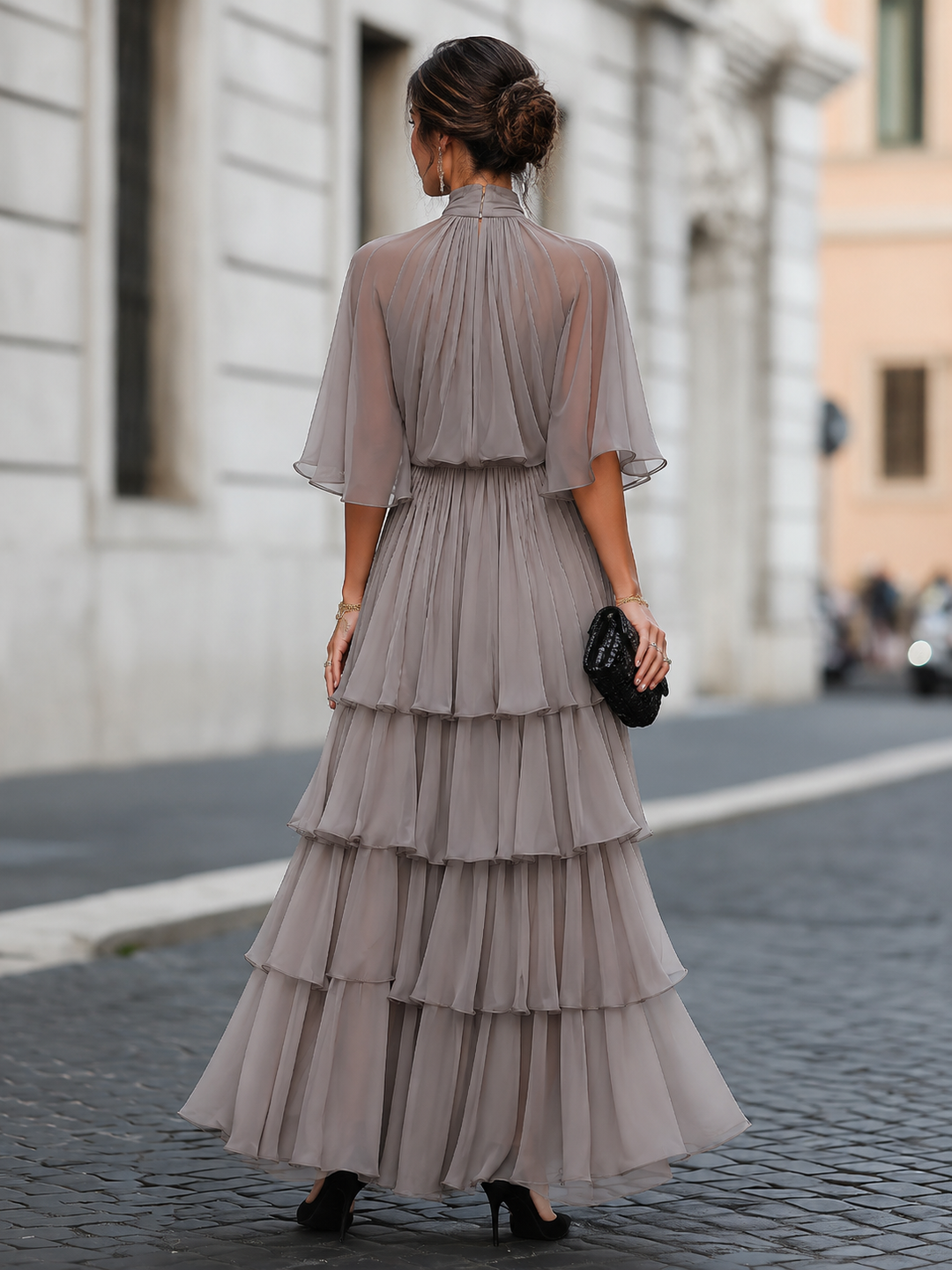 Tiered Pleated Cape Maxi Dress