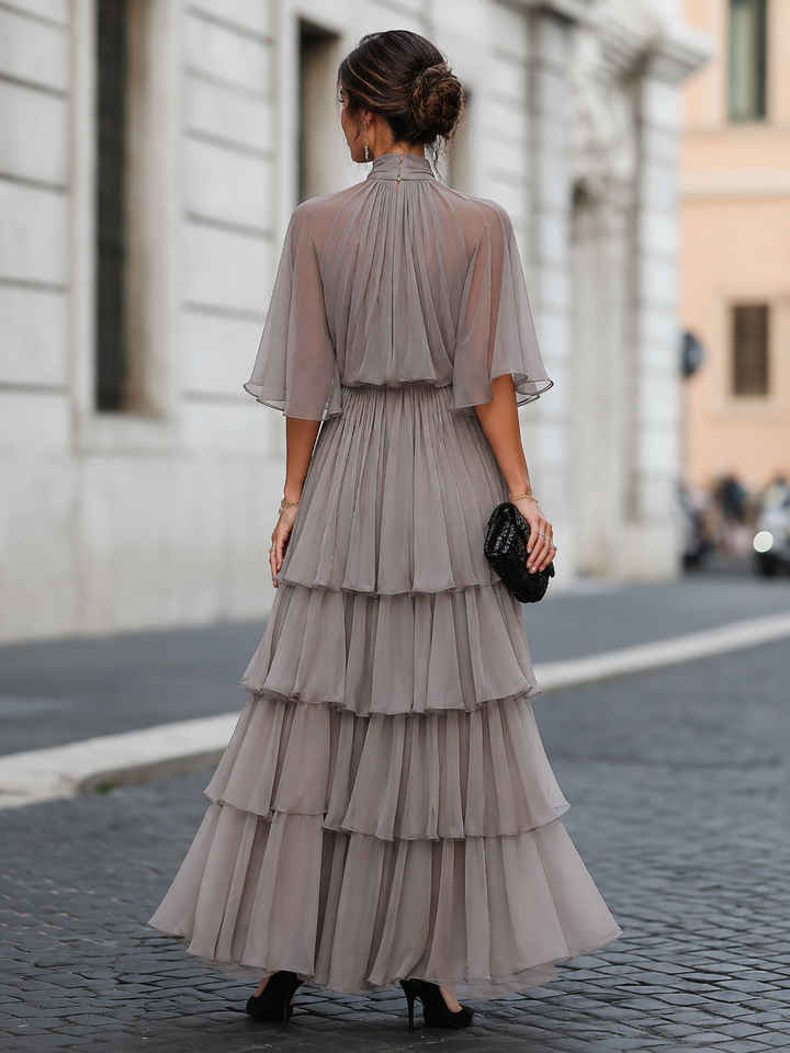 Tiered Pleated Cape Maxi Dress