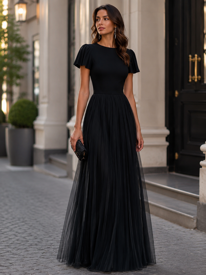 Flutter Sleeve Pleated A-Line Maxi Dress