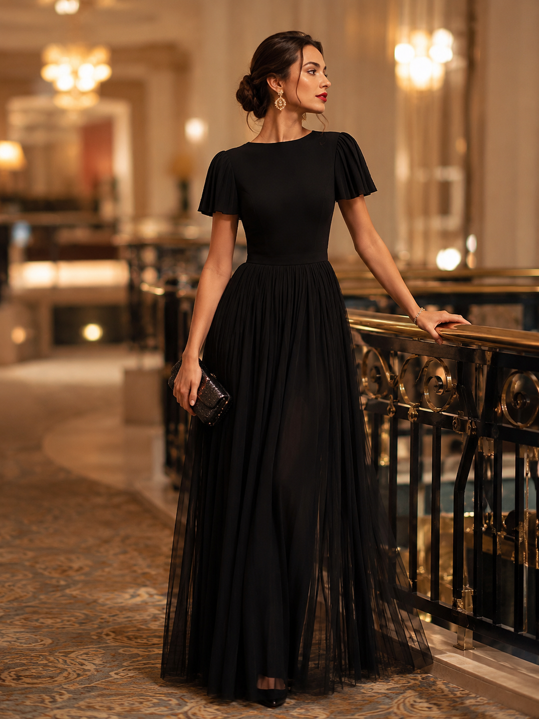 Flutter Sleeve Pleated A-Line Maxi Dress