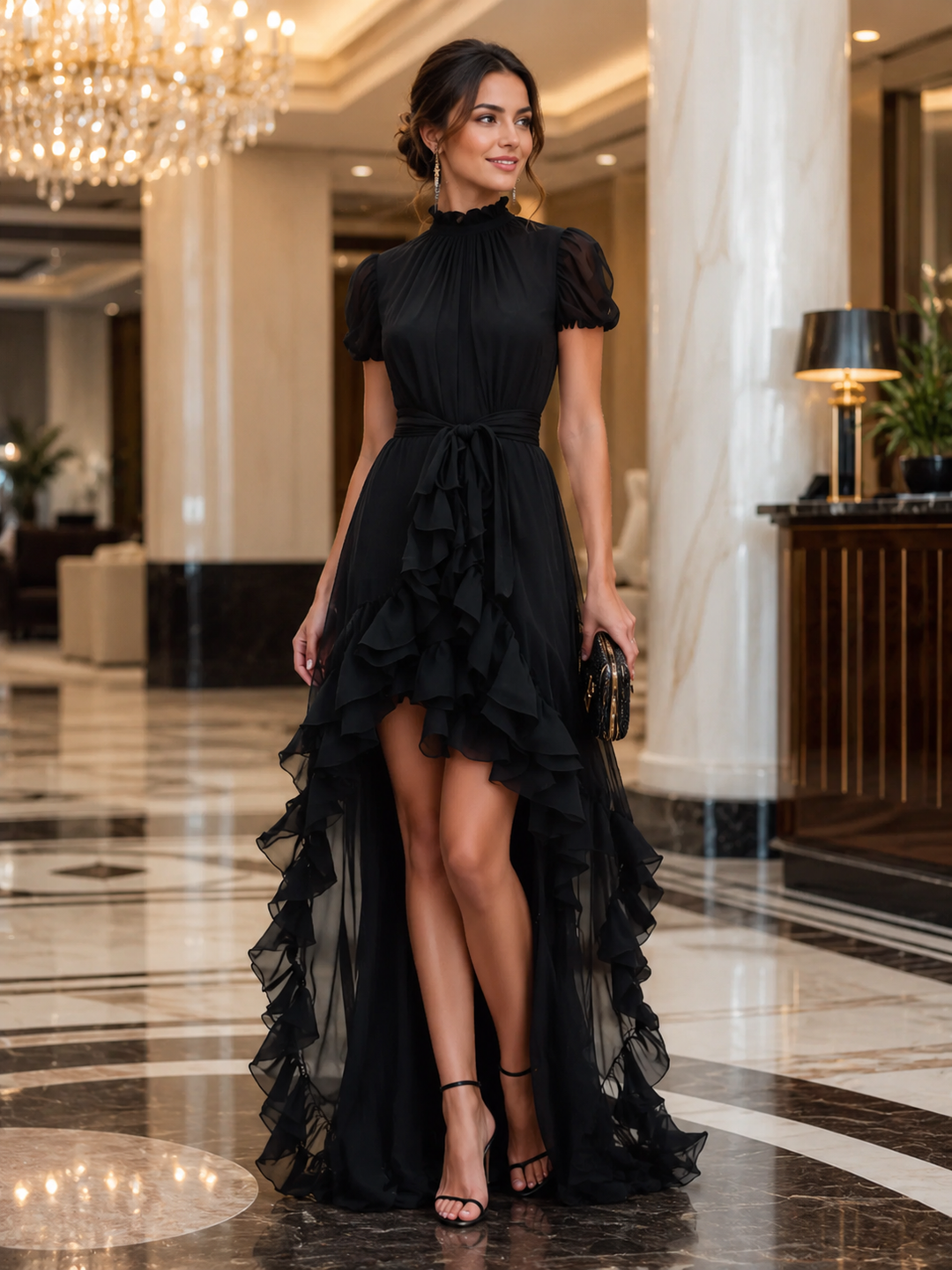 Sheer Ruffle High-Low Tie Waist Maxi Dress