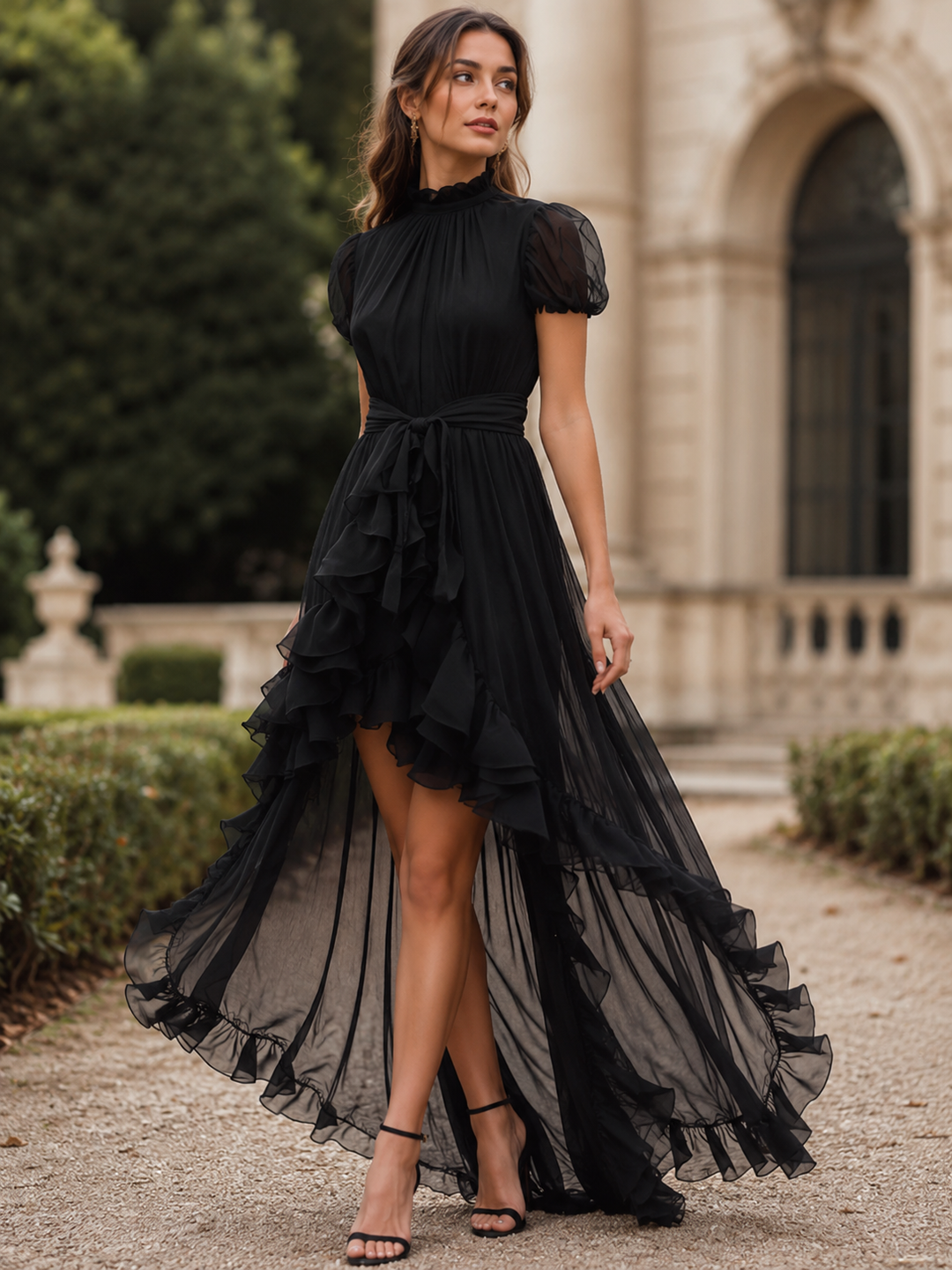 Sheer Ruffle High-Low Tie Waist Maxi Dress