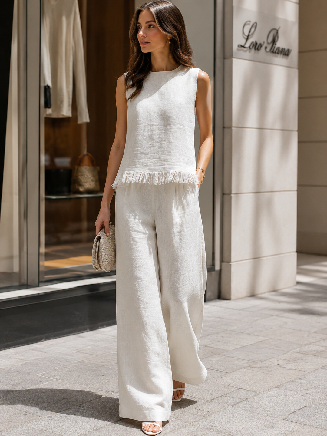 Sleeveless Textured Top And Wide-Leg Pants Set With Frayed Hem Detail