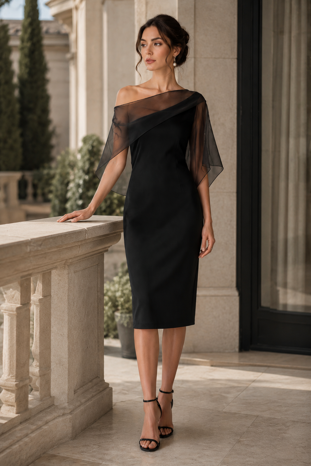 Sheer Overlay Asymmetrical One-Shoulder Midi Dress
