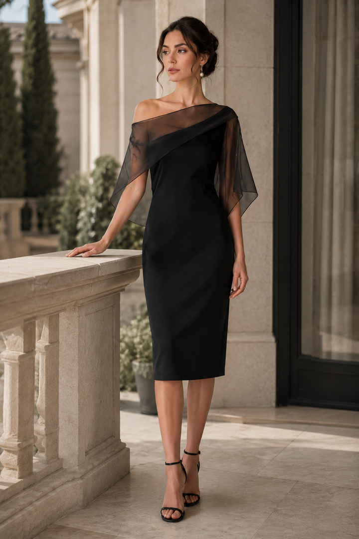 Sheer Overlay Asymmetrical One-Shoulder Midi Dress