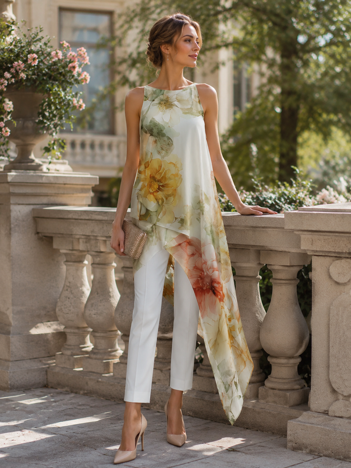 Sheer Floral Asymmetric Overlay Top & Tailored Pants Set