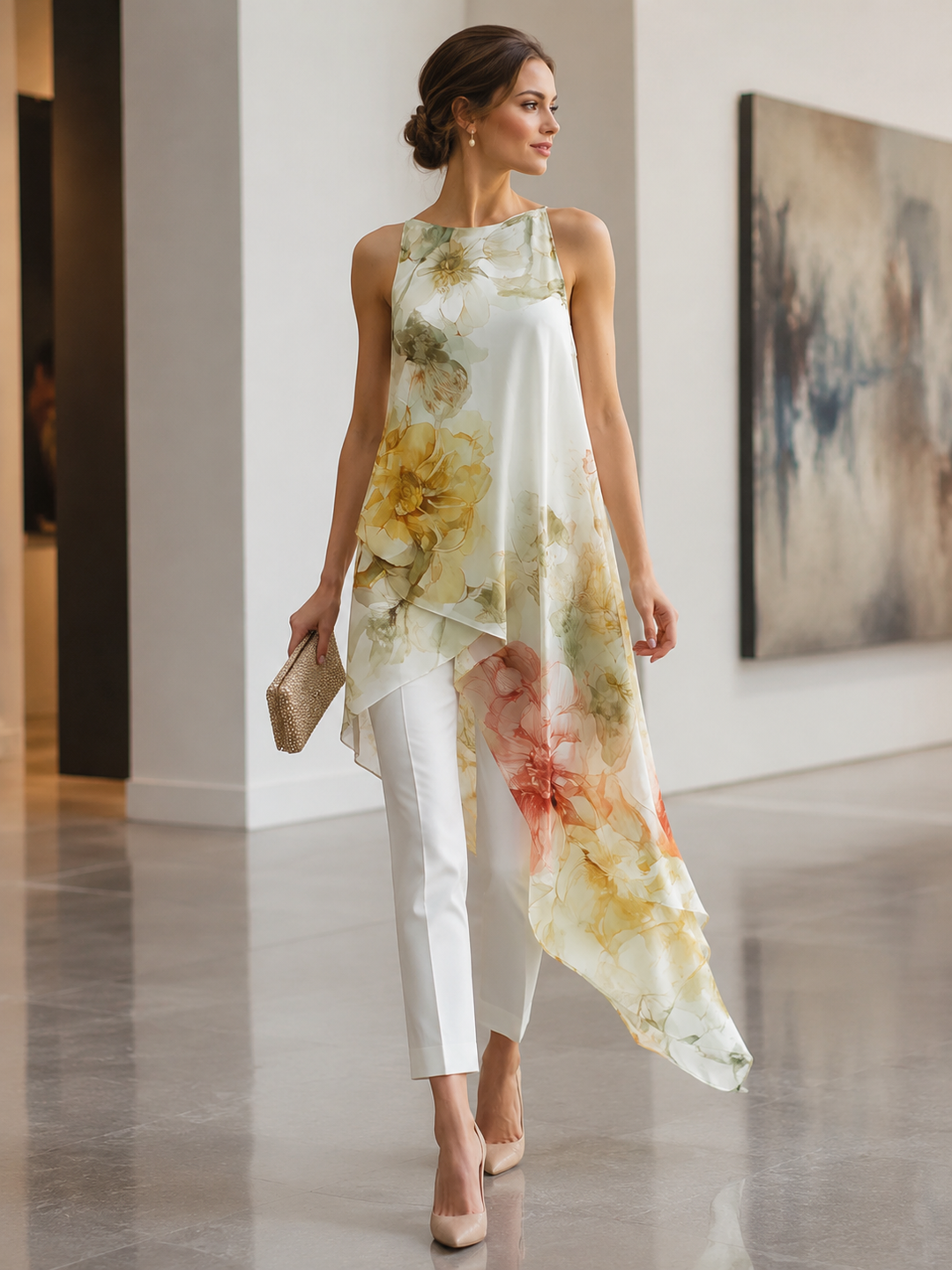 Sheer Floral Asymmetric Overlay Top & Tailored Pants Set
