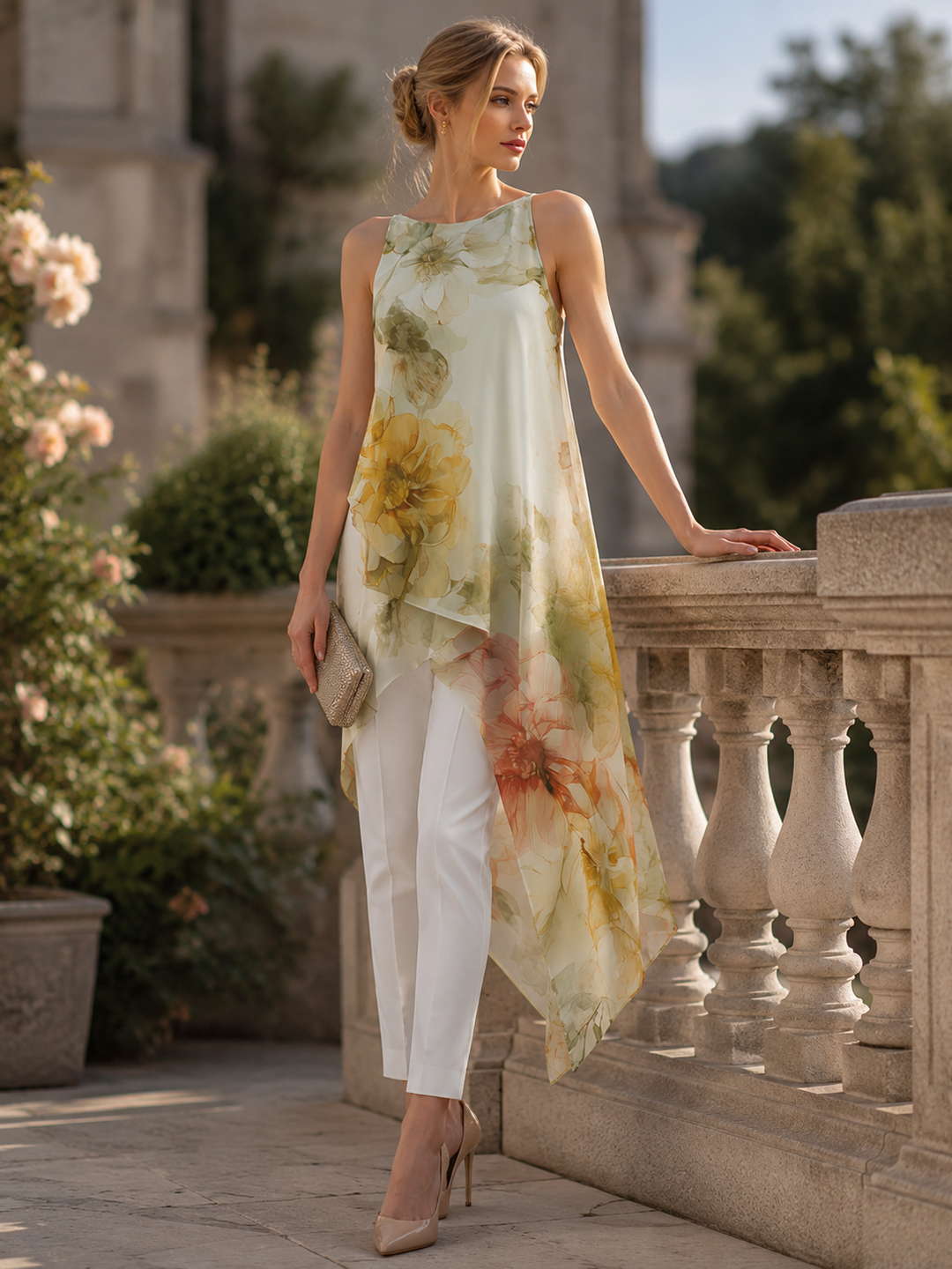 Sheer Floral Asymmetric Overlay Top & Tailored Pants Set