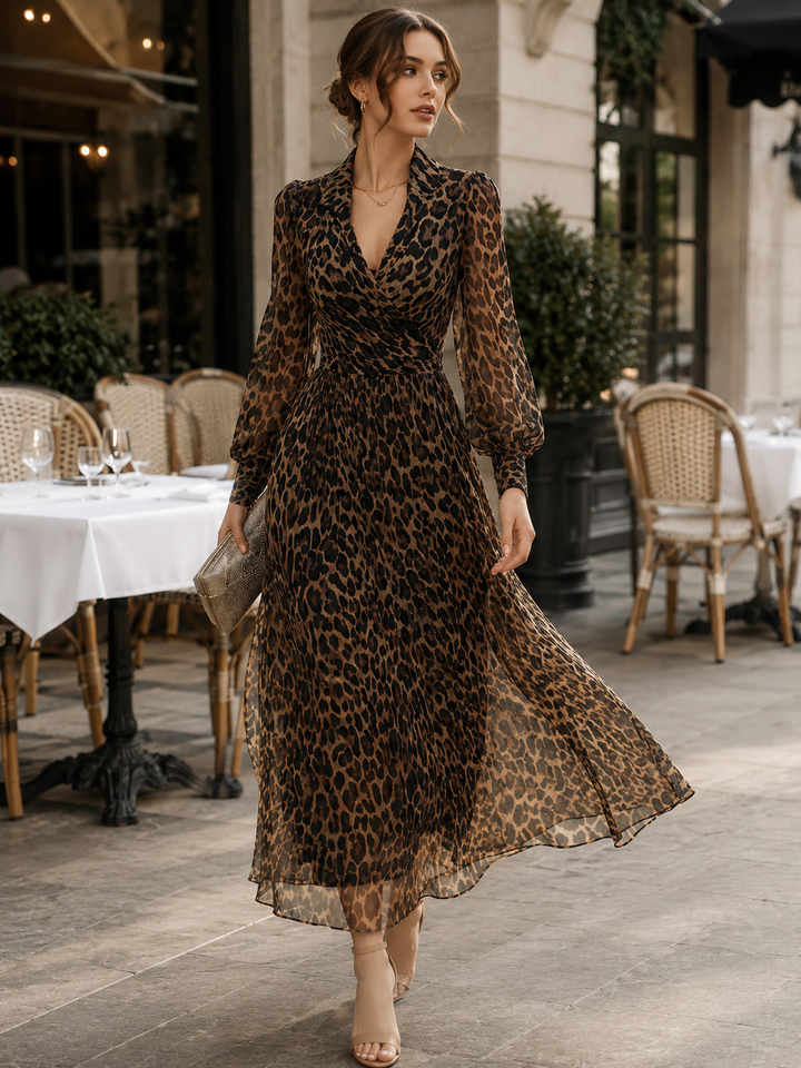 Leopard Print Wrap Midi Dress With Long Sleeves
