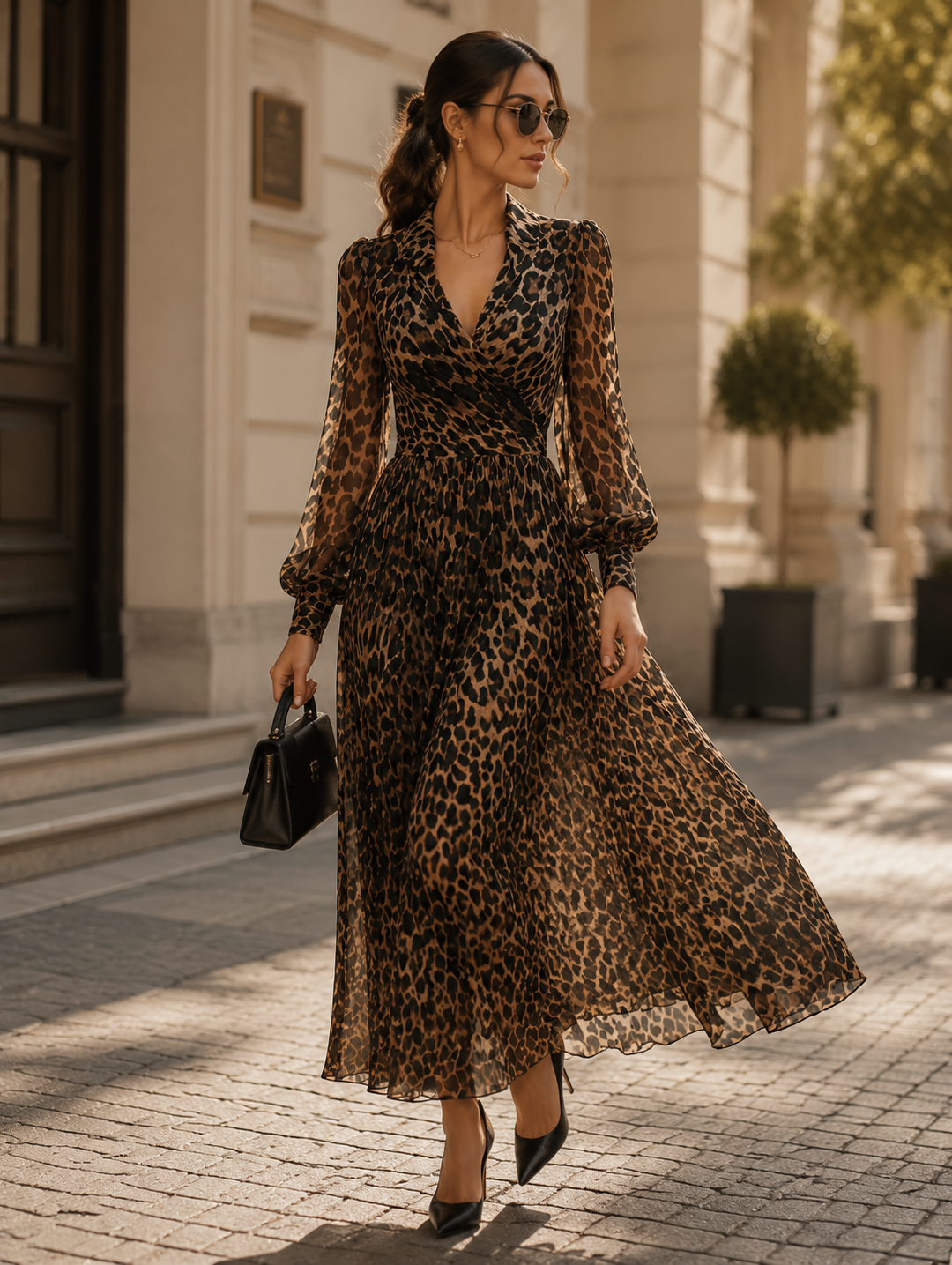 Leopard Print Wrap Midi Dress With Long Sleeves