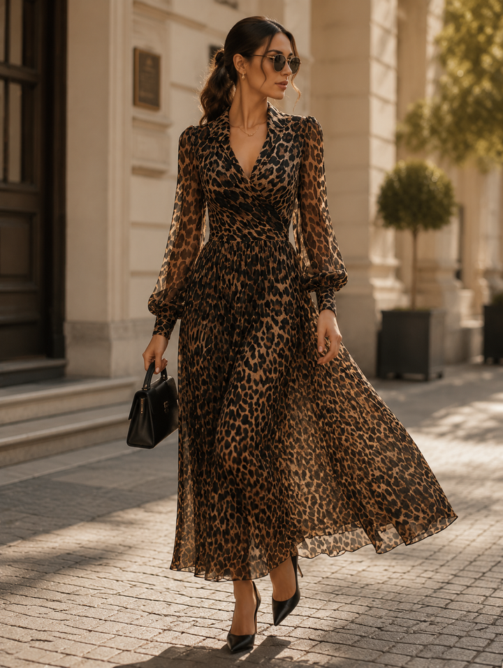Leopard Print Wrap Midi Dress With Long Sleeves