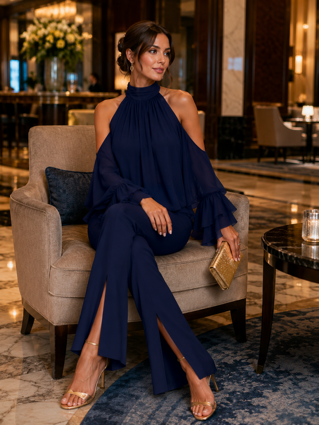 Halter Cold Shoulder Ruffle Chiffon Top & Front Slit Flare Pants Two-Piece Set