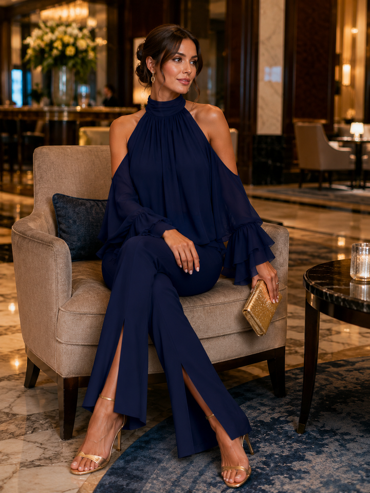Halter Cold Shoulder Ruffle Chiffon Top & Front Slit Flare Pants Two-Piece Set