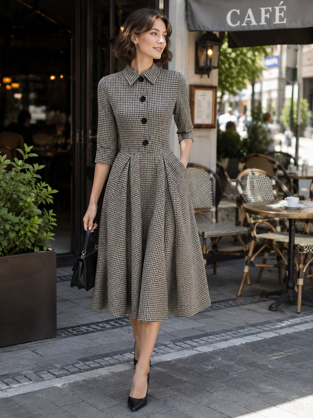 Houndstooth Collared 3/4 Sleeve Button Front A-Line Midi Dress