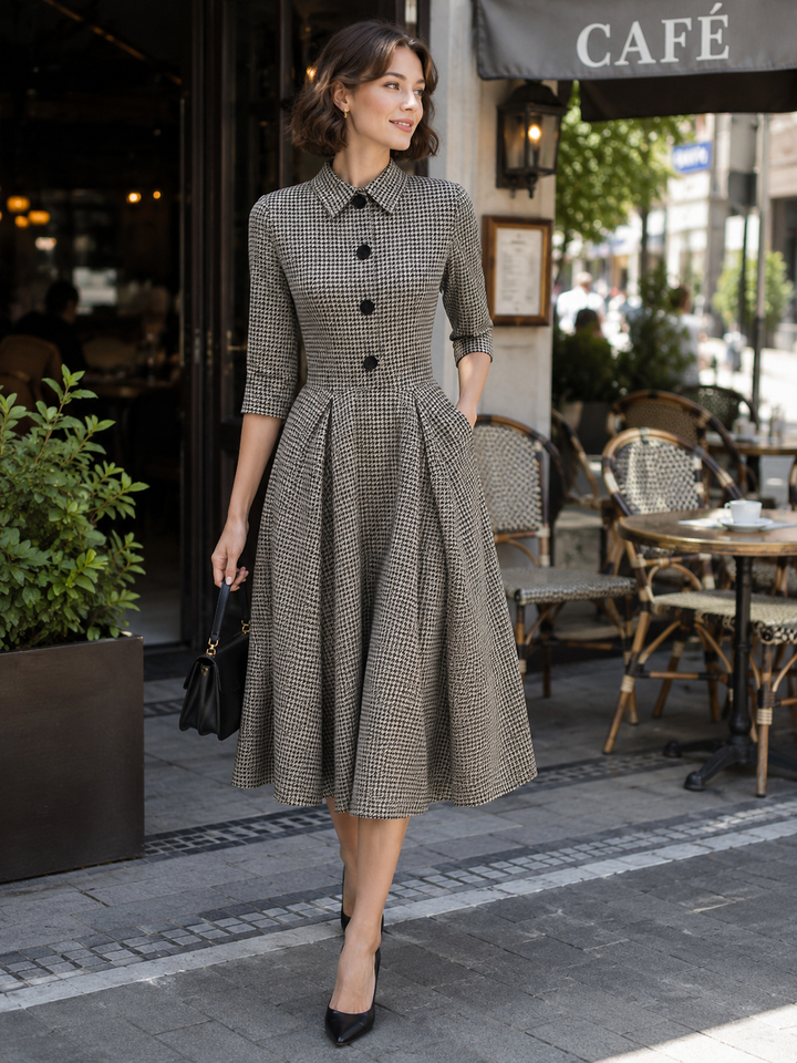 Houndstooth Collared 3/4 Sleeve Button Front A-Line Midi Dress