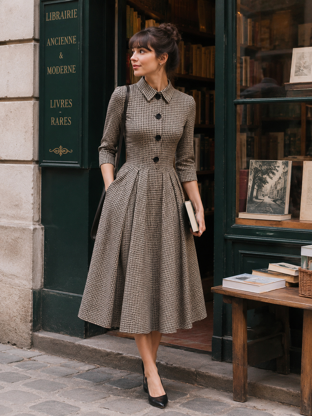 Houndstooth Collared 3/4 Sleeve Button Front A-Line Midi Dress