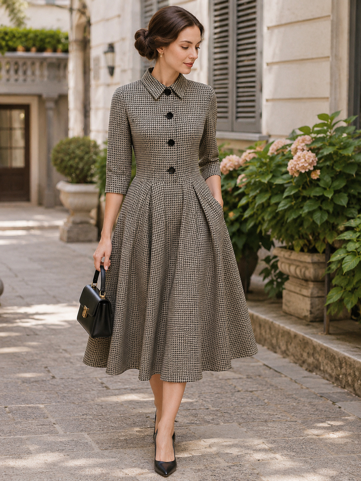 Houndstooth Collared 3/4 Sleeve Button Front A-Line Midi Dress