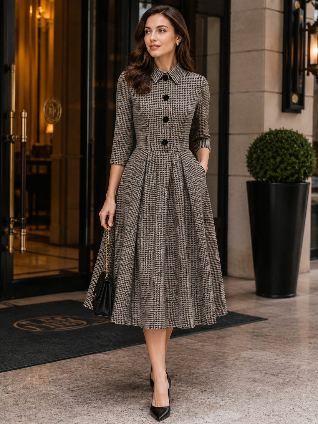 Houndstooth Collared 3/4 Sleeve Button Front A-Line Midi Dress