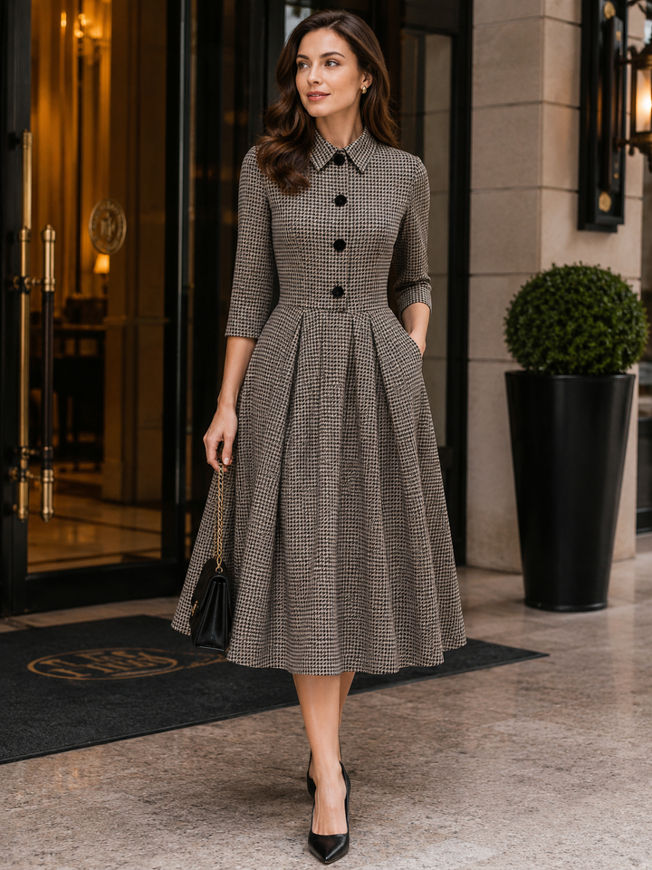 Houndstooth Collared 3/4 Sleeve Button Front A-Line Midi Dress
