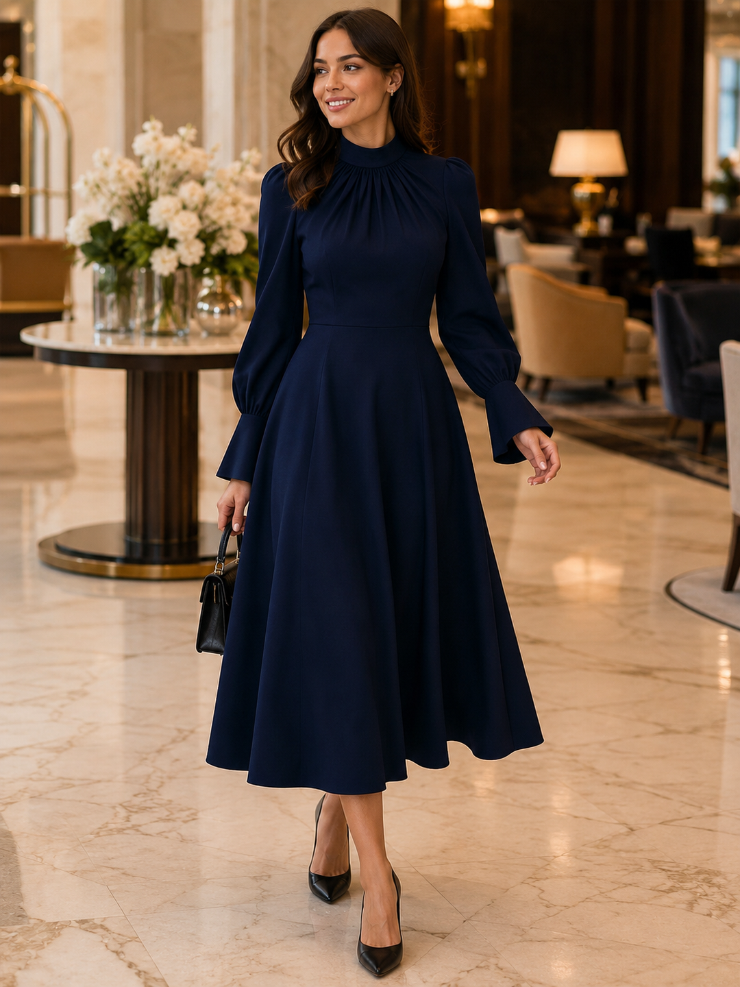 High Neck Gathered Bust  A-Line Midi Dress