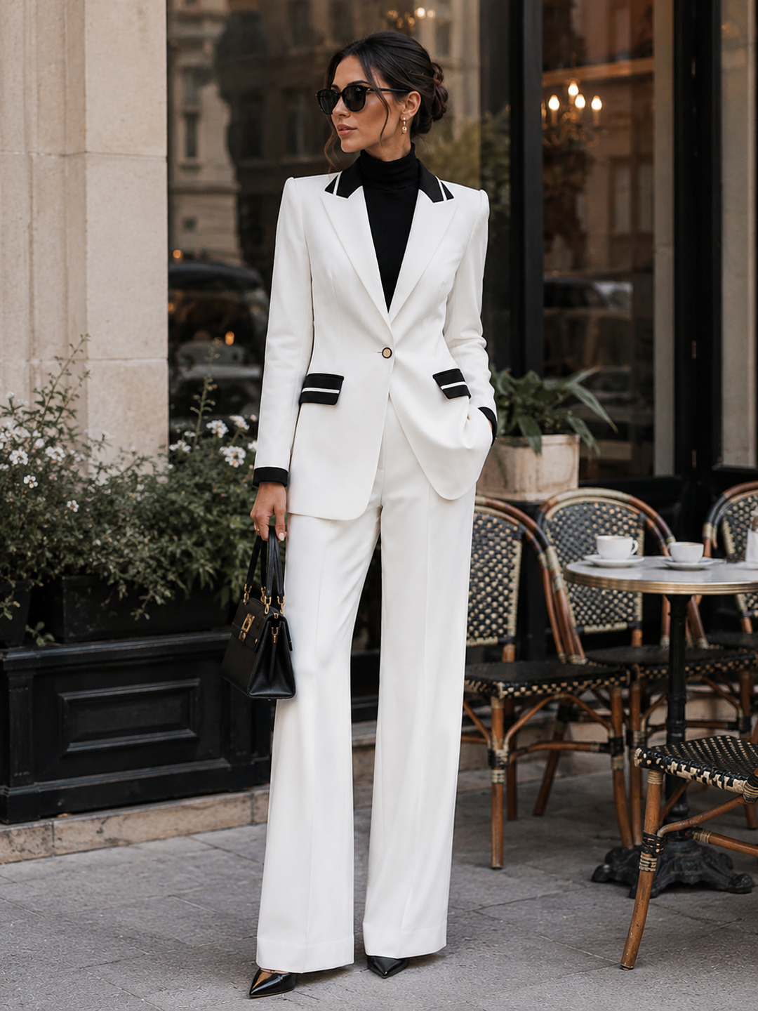 Black Contrast Trim Blazer & Wide Leg Trousers Two-Piece Formal Suit Set