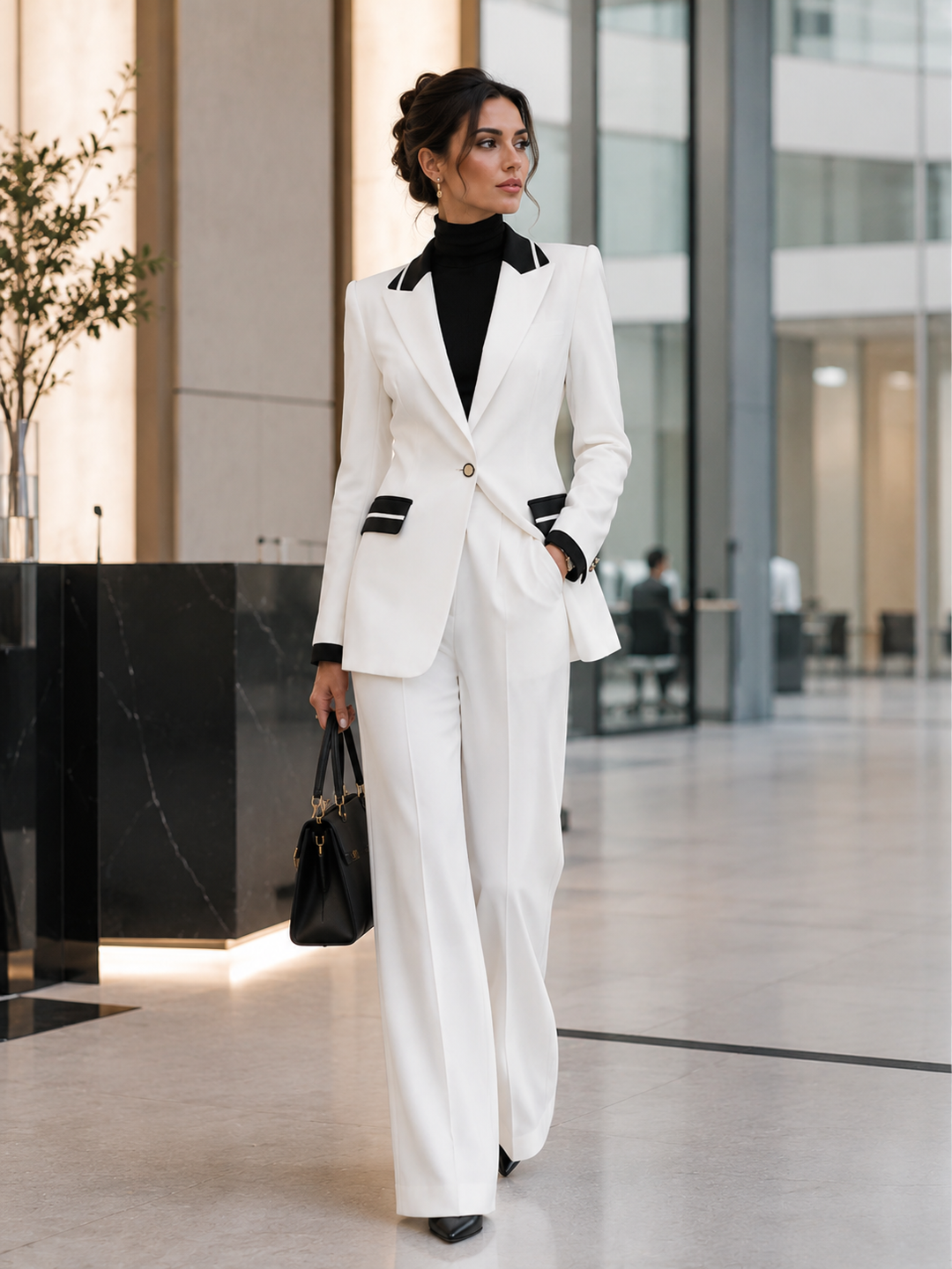 Black Contrast Trim Blazer & Wide Leg Trousers Two-Piece Formal Suit Set