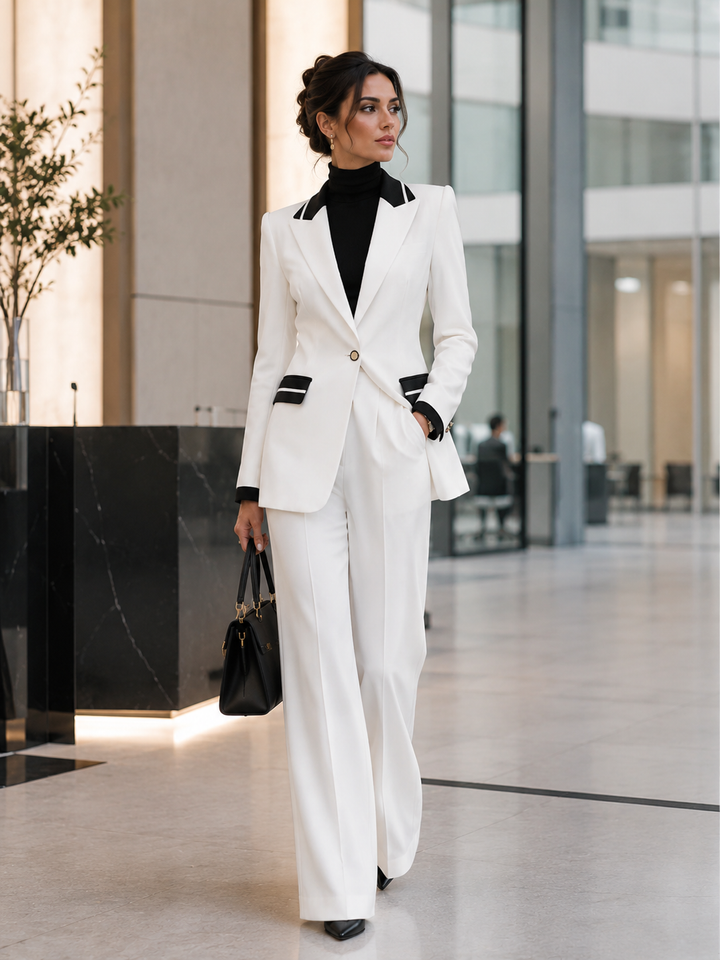 Black Contrast Trim Blazer & Wide Leg Trousers Two-Piece Formal Suit Set