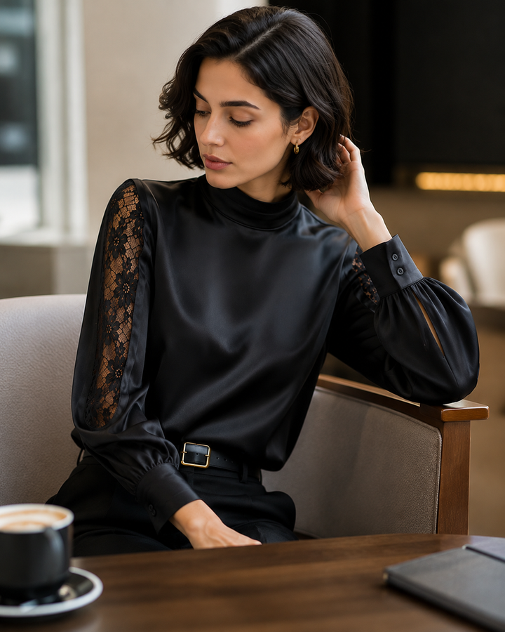 Lace Inset Satin Mock Neck Blouse
