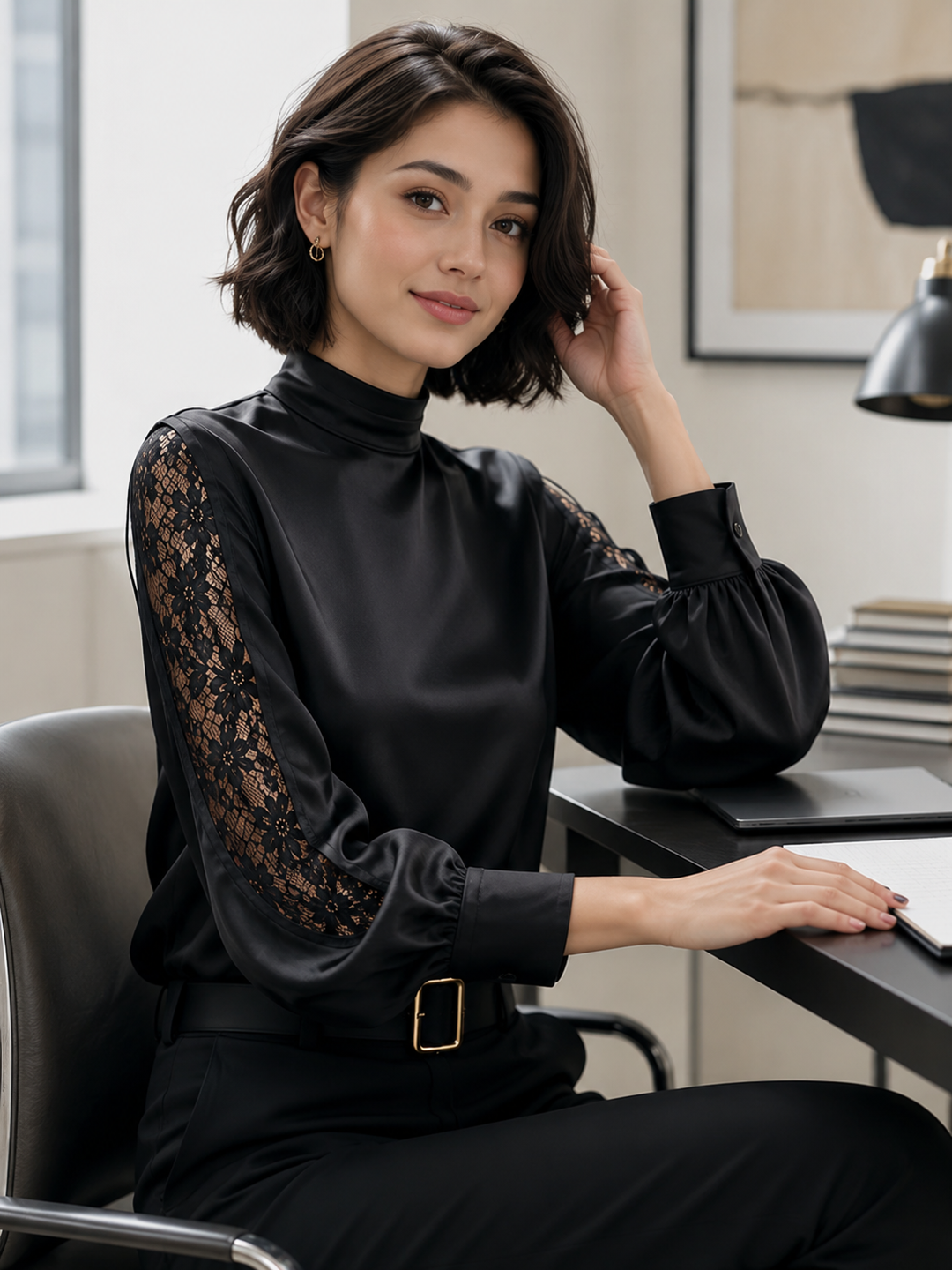 Lace Inset Satin Mock Neck Blouse