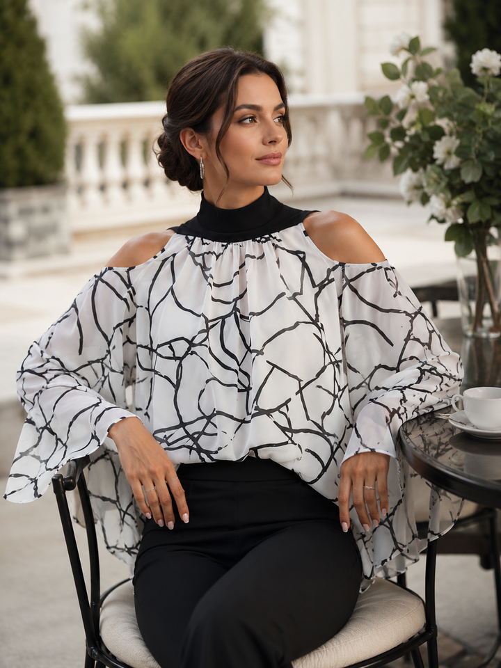 Elegant Black And White Printed Cold Shoulder Blouse