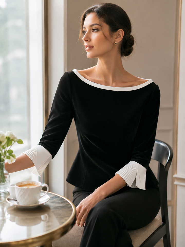 Black Velvet Contrast Cuff Boat Neck Blouse