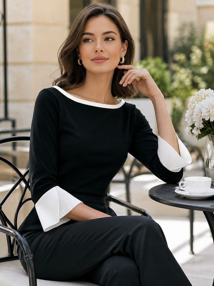 Black Velvet Contrast Cuff Boat Neck Blouse