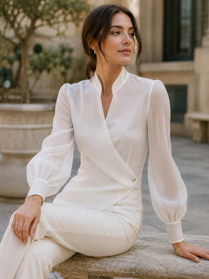 Mandarin Collar Wrap Front Sheer Sleeve Blouse