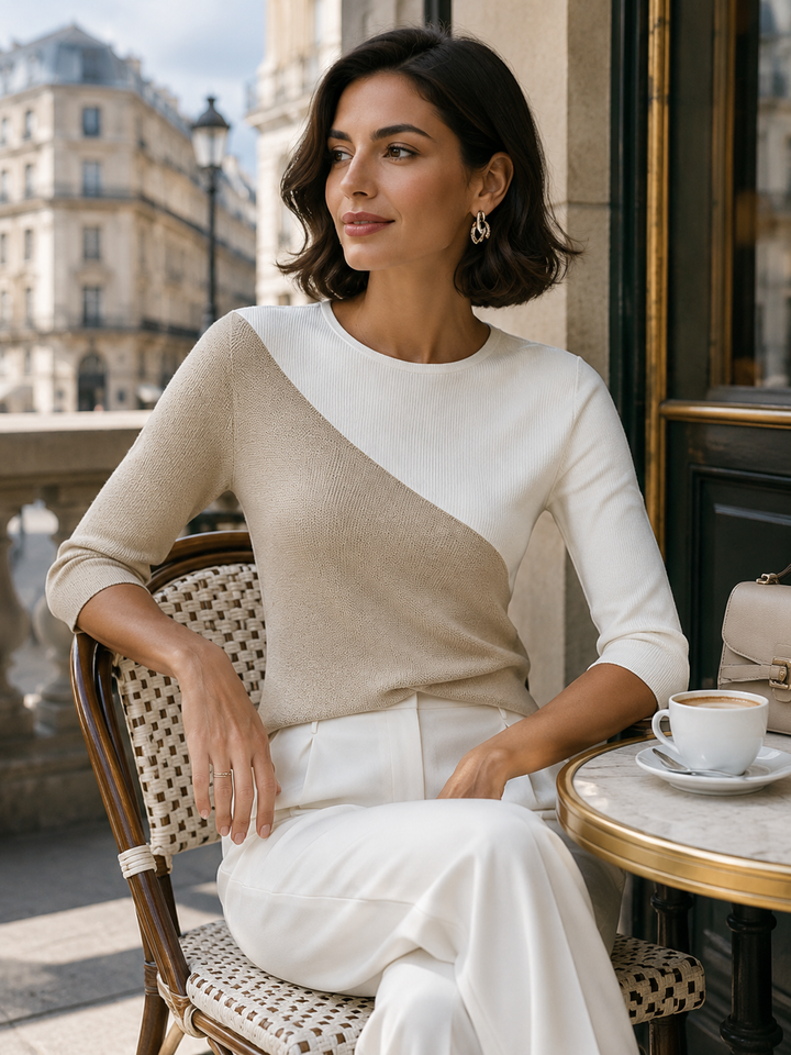 Asymmetric Color-Block 3/4 Sleeve Knit Top