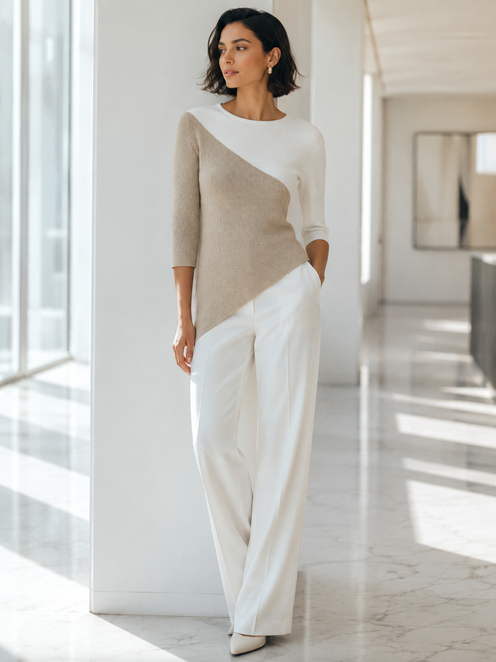 Asymmetric Color-Block 3/4 Sleeve Knit Top