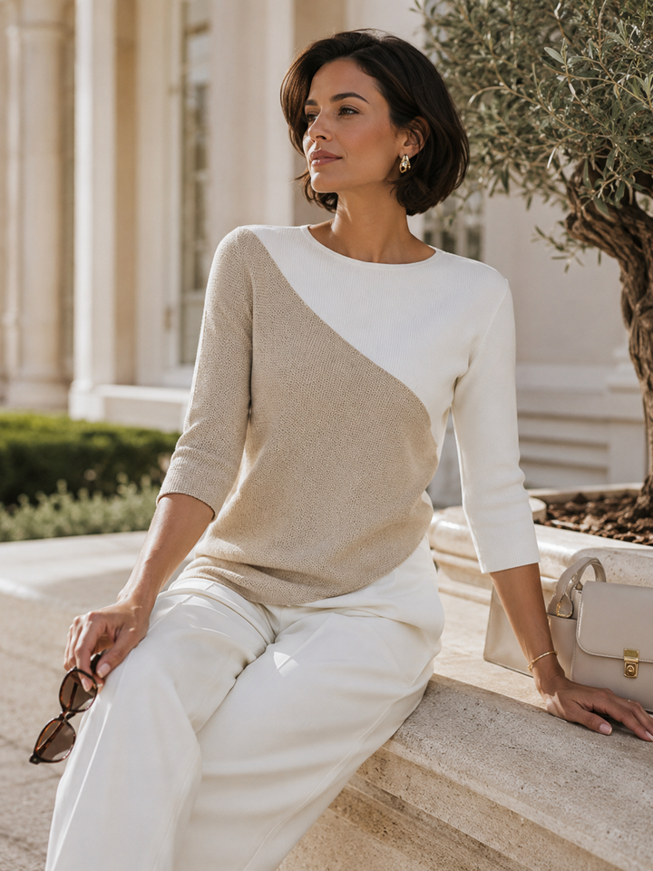 Asymmetric Color-Block 3/4 Sleeve Knit Top