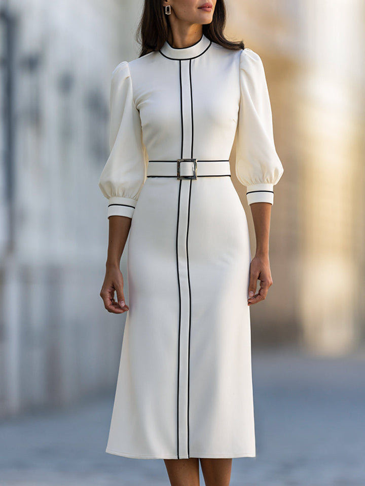Elegant Contrast-Trim Belted Midi Dress