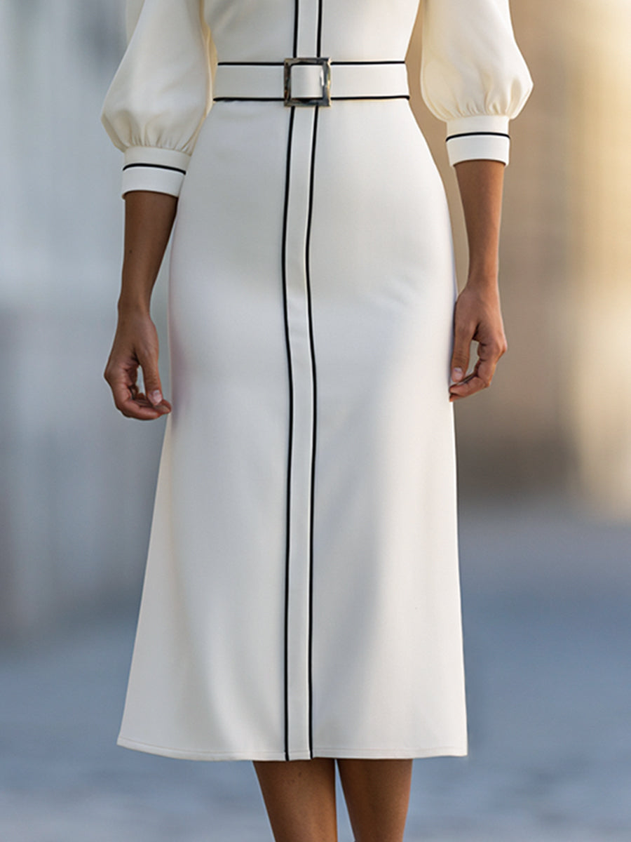 Elegant Contrast-Trim Belted Midi Dress