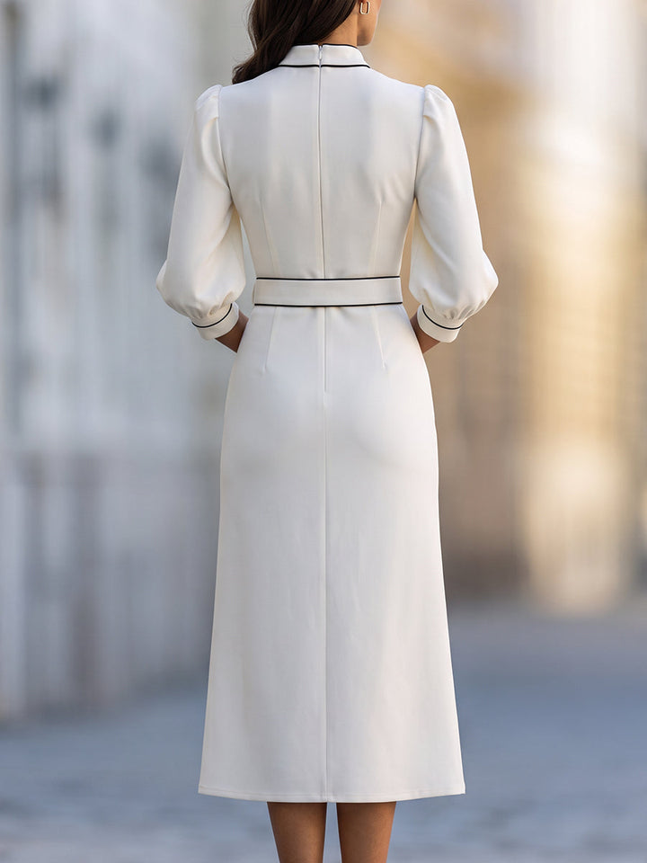 Elegant Contrast-Trim Belted Midi Dress
