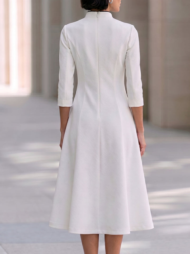Contrast Trim Zip Front A-Line Midi Dress