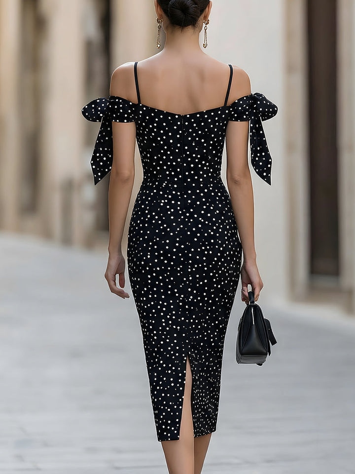 Olka Dot Off-Shoulder Bodycon Midi Dress With Bow Accents