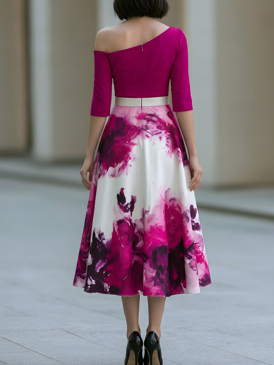 One Shoulder Floral Print A-Line Midi Dress