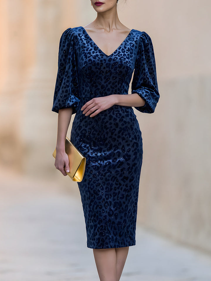 Elegant Velvet Leopard Jacquard Midi Dress