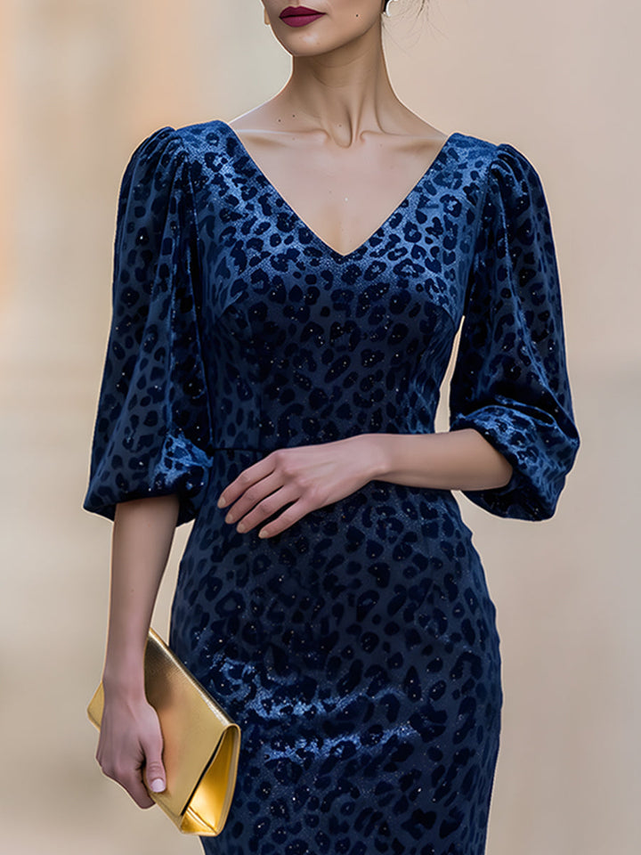 Elegant Velvet Leopard Jacquard Midi Dress
