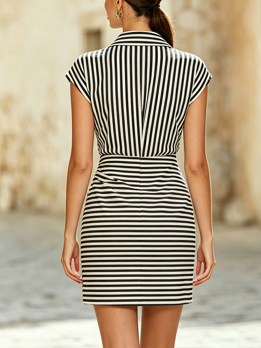 Elegant Striped Shirt Collar Wrap Bodycon Mini Dress