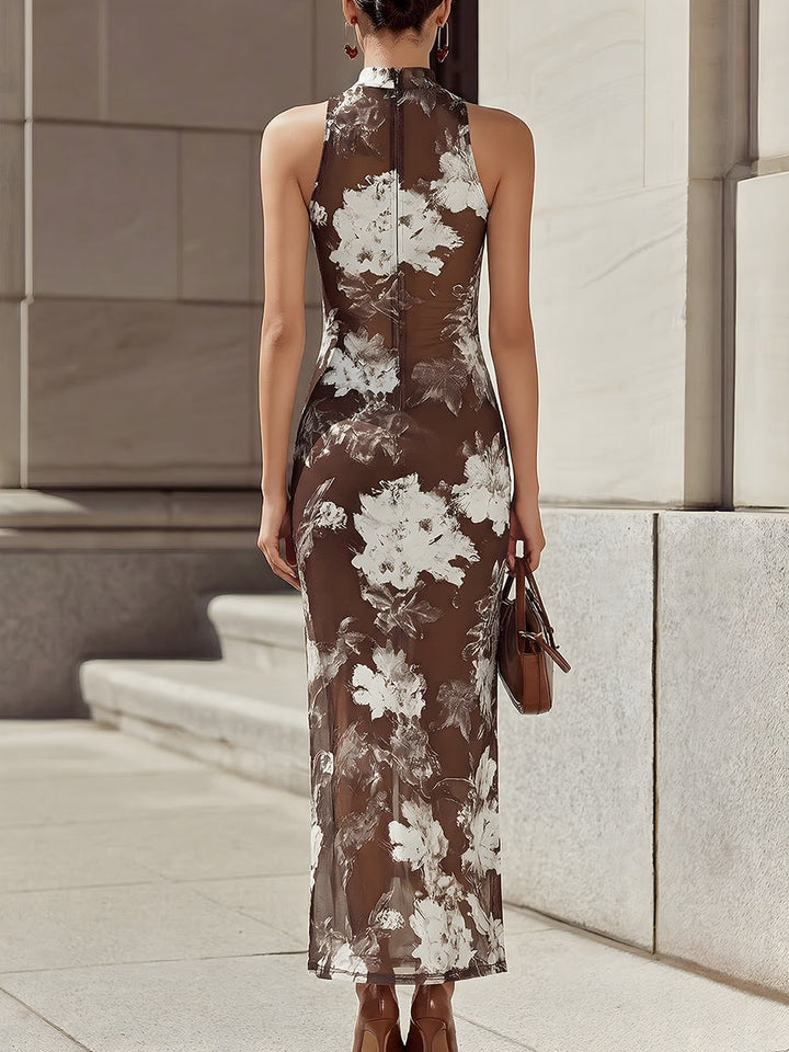 Elegant Brown White Ink Floral Print Mesh Sleeveless Maxi Dress