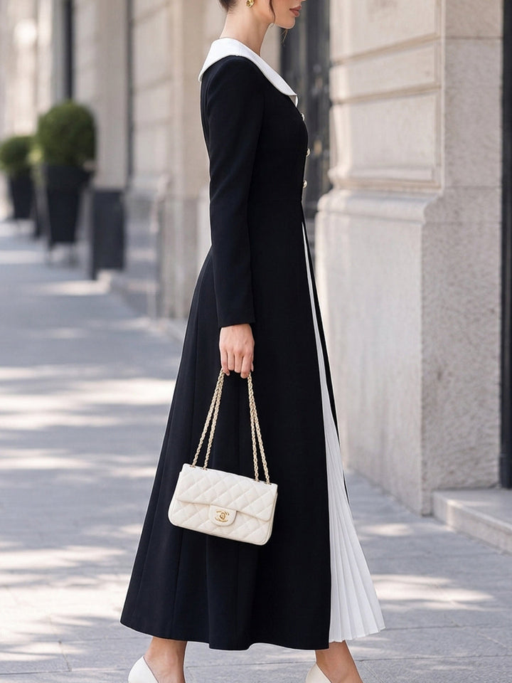 Contrast Sailor Collar Pleated-Panel Maxi Dress