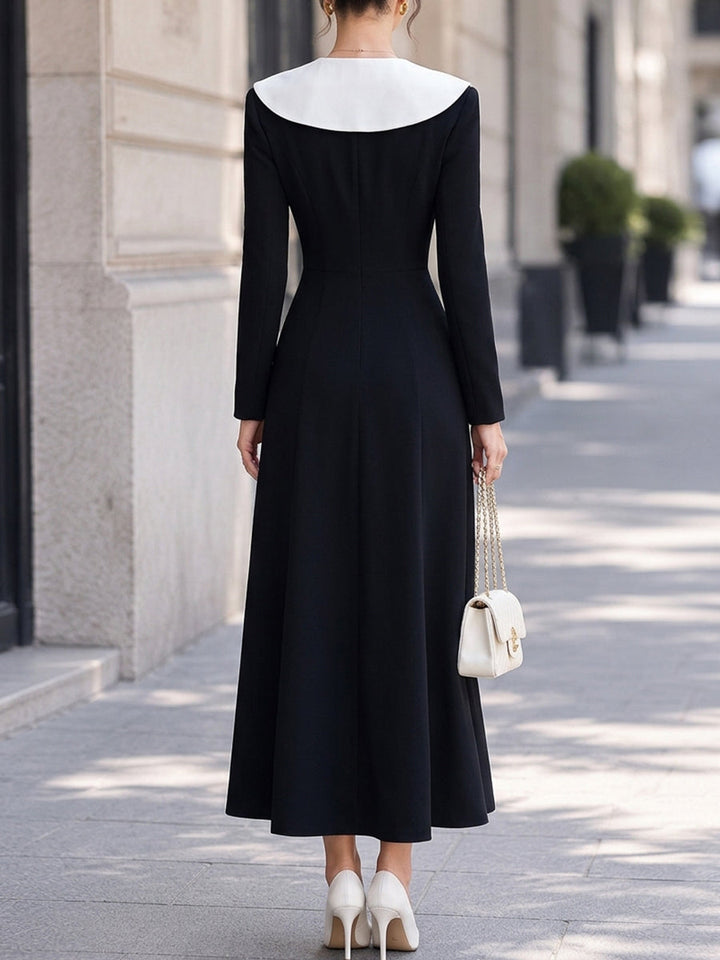 Contrast Sailor Collar Pleated-Panel Maxi Dress