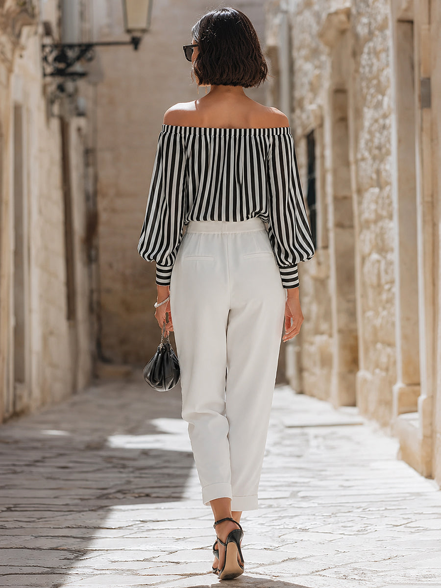 Chic Off-the-Shoulder Striped Blouse & High-Waisted Tailored Trousers Set
